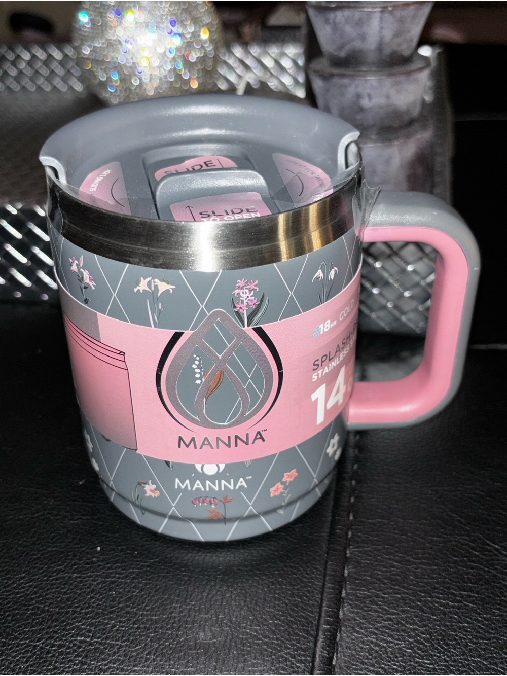 NWT Manna 14 oz BOULDER 3D Black Floral Stainless Steel Insulated Mug